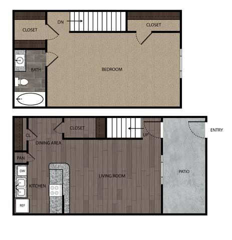 Floor plan for 1 bed, 1 bath, 843 sqft